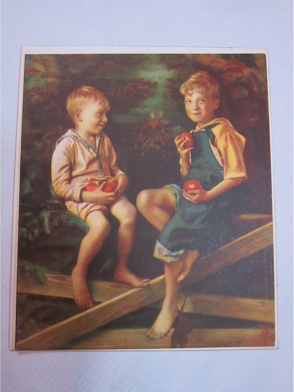 Vintage 1930s Art Print Two Boys on Fence with Apples Overalls & Sailor Suit